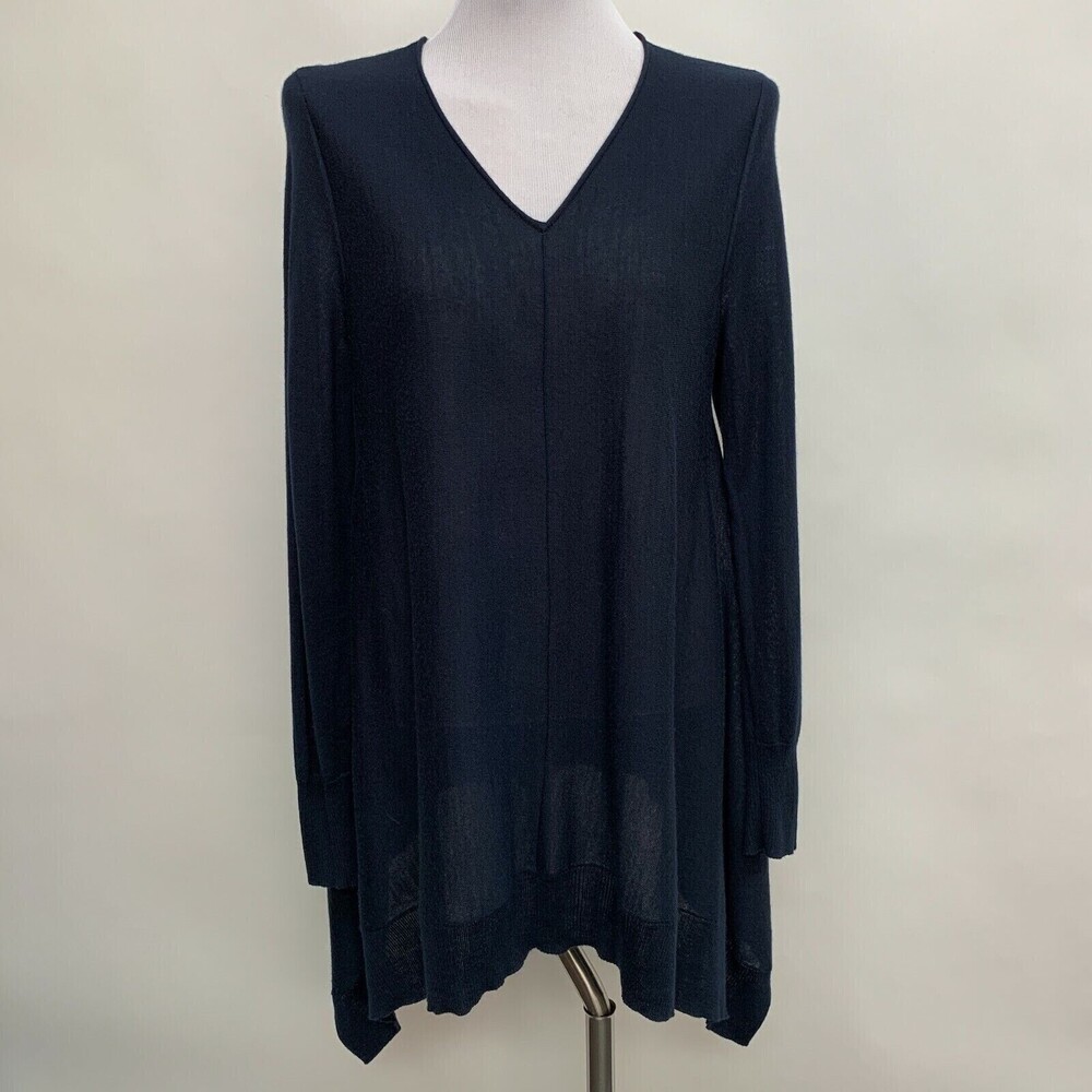 BB Boo Gemes Women's Long Sweater Medium Large Blue V-neck Merino Wool Blend